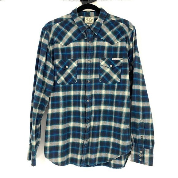 LUCKY BRAND Men’s M Plaid Flannel Western Shirt Pearl Snaps Long Sleeves - Picture 1 of 5